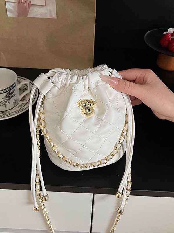 Chic 2025 Small Diamond-Pattern Drawstring Bucket Bag for Women - Fashionable Chain Shoulder Crossbody Bag