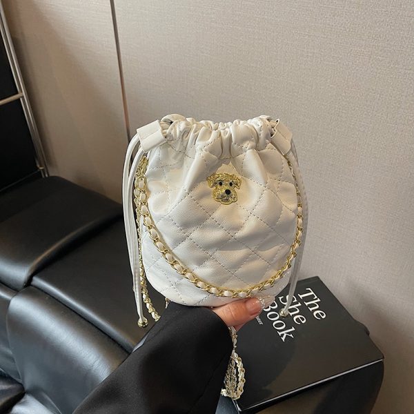 Chic 2025 Small Diamond-Pattern Drawstring Bucket Bag for Women - Fashionable Chain Shoulder Crossbody Bag