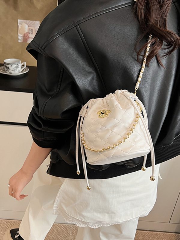 Chic 2025 Small Diamond-Pattern Drawstring Bucket Bag for Women - Fashionable Chain Shoulder Crossbody Bag