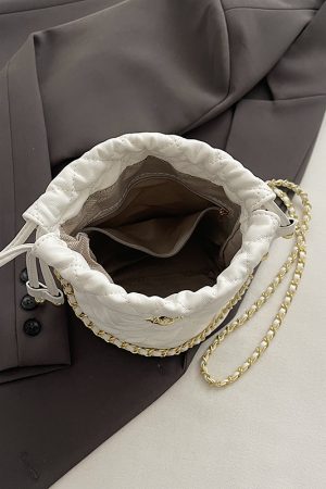 Chic 2025 Small Diamond-Pattern Drawstring Bucket Bag for Women - Fashionable Chain Shoulder Crossbody Bag