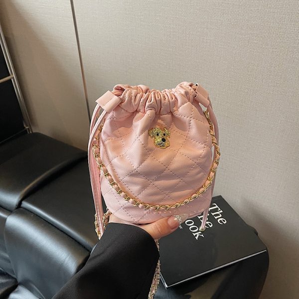 Chic 2025 Small Diamond-Pattern Drawstring Bucket Bag for Women - Fashionable Chain Shoulder Crossbody Bag