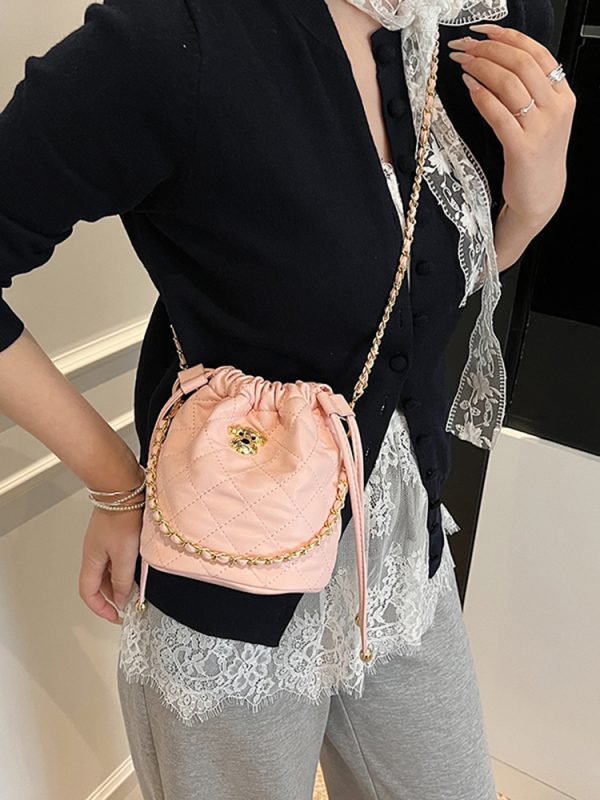 Chic 2025 Small Diamond-Pattern Drawstring Bucket Bag for Women - Fashionable Chain Shoulder Crossbody Bag