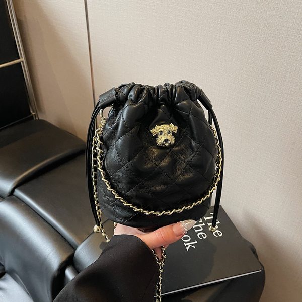 Chic 2025 Small Diamond-Pattern Drawstring Bucket Bag for Women - Fashionable Chain Shoulder Crossbody Bag