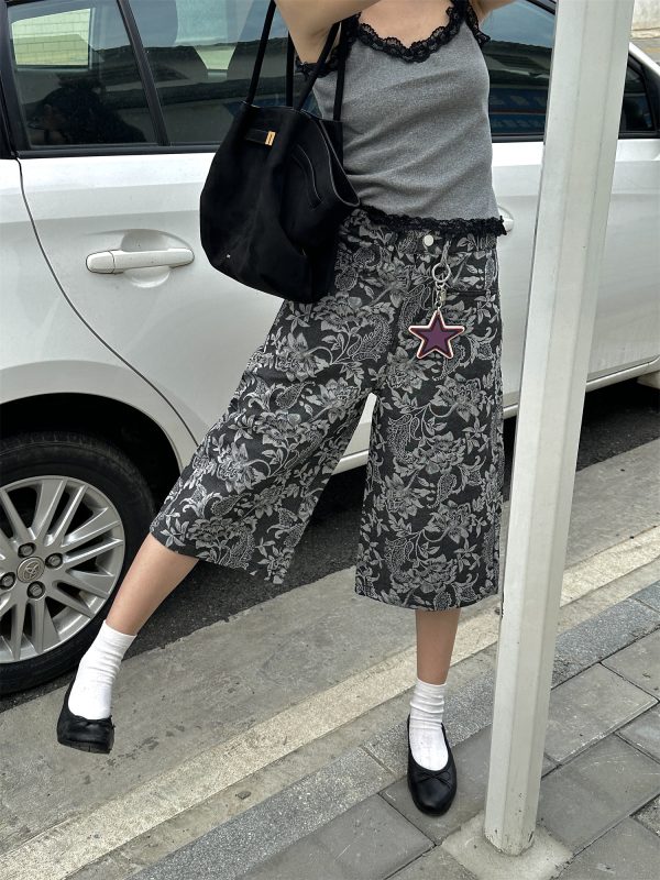 Chic Jacquard Cashew Flower Retro Straight-Leg Cargo Pants for Women - 2025 Niche Style, Slimming Fit, Trendy Y2K Fashion