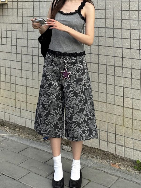 Chic Jacquard Cashew Flower Retro Straight-Leg Cargo Pants for Women - 2025 Niche Style, Slimming Fit, Trendy Y2K Fashion