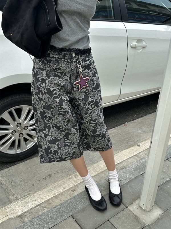 Chic Jacquard Cashew Flower Retro Straight-Leg Cargo Pants for Women - 2025 Niche Style, Slimming Fit, Trendy Y2K Fashion