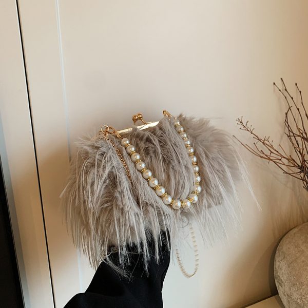 Chic Plush Shoulder Bag with Pearl Handle, Fluffy Design for Women, Spring/Summer 2025 High-End Fashion Accessory