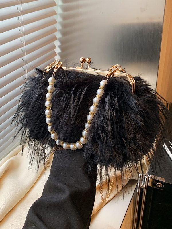 Chic Plush Shoulder Bag with Pearl Handle, Fluffy Design for Women, Spring/Summer 2025 High-End Fashion Accessory