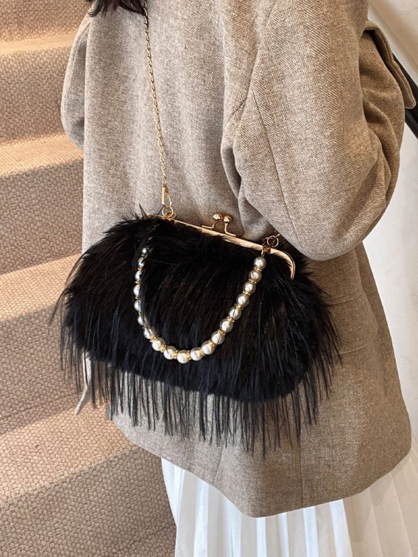 Chic Plush Shoulder Bag with Pearl Handle, Fluffy Design for Women, Spring/Summer 2025 High-End Fashion Accessory