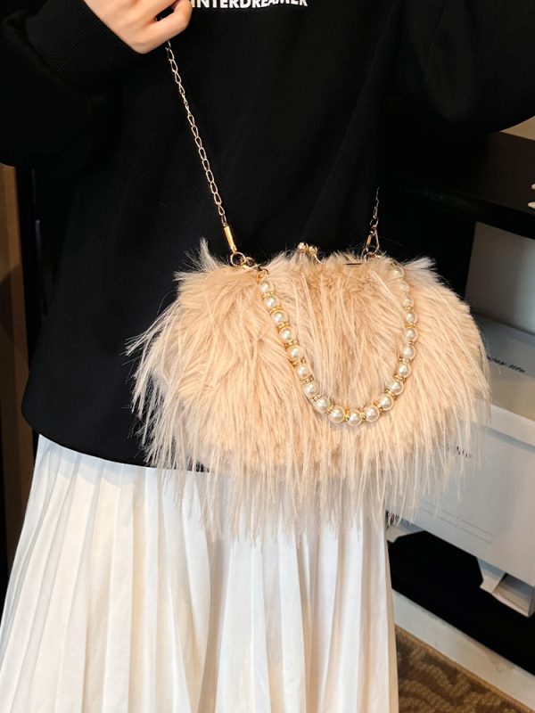 Chic Plush Shoulder Bag with Pearl Handle, Fluffy Design for Women, Spring/Summer 2025 High-End Fashion Accessory
