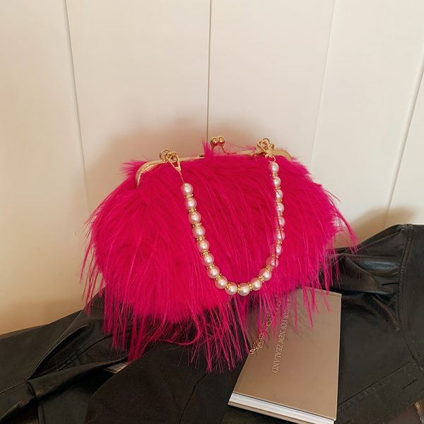 Chic Plush Shoulder Bag with Pearl Handle, Fluffy Design for Women, Spring/Summer 2025 High-End Fashion Accessory