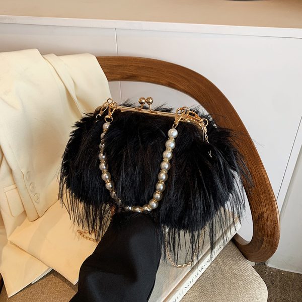 Chic Plush Shoulder Bag with Pearl Handle, Fluffy Design for Women, Spring/Summer 2025 High-End Fashion Accessory