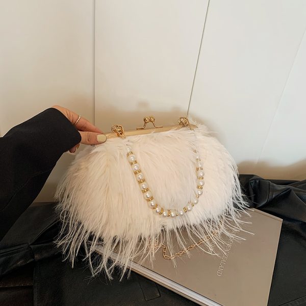 Chic Plush Shoulder Bag with Pearl Handle, Fluffy Design for Women, Spring/Summer 2025 High-End Fashion Accessory