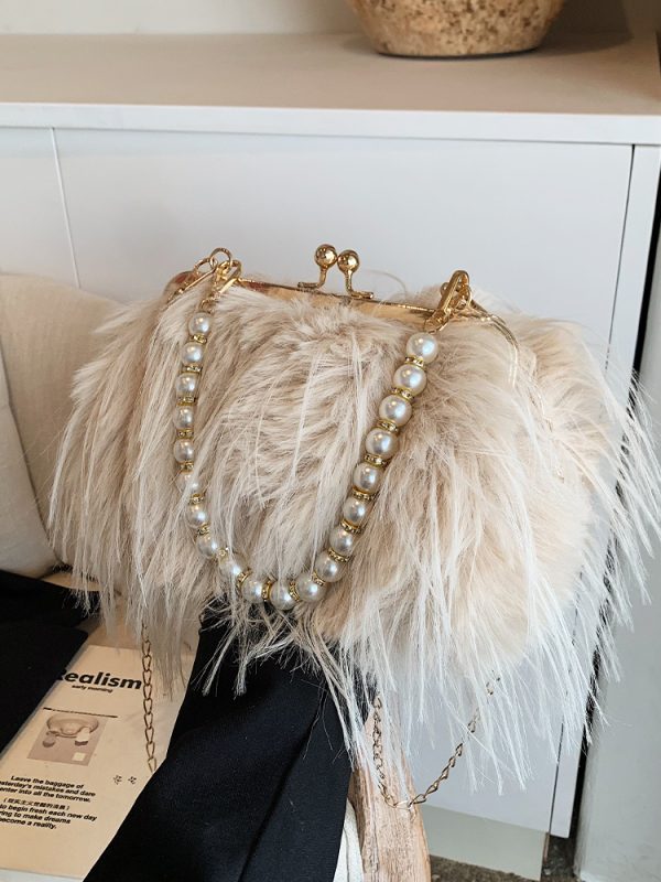 Chic Plush Shoulder Bag with Pearl Handle, Fluffy Design for Women, Spring/Summer 2025 High-End Fashion Accessory