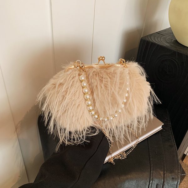 Chic Plush Shoulder Bag with Pearl Handle, Fluffy Design for Women, Spring/Summer 2025 High-End Fashion Accessory