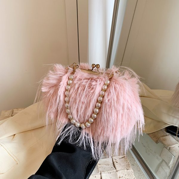 Chic Plush Shoulder Bag with Pearl Handle, Fluffy Design for Women, Spring/Summer 2025 High-End Fashion Accessory