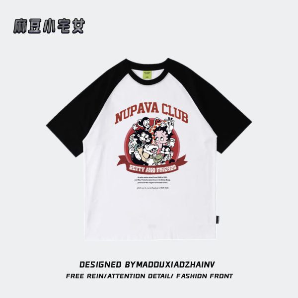 Chic Pure Cotton Hong Kong Style Cartoon Raglan Short Sleeve T-Shirt for Women Plus Size - American Retro Loose Fit Top