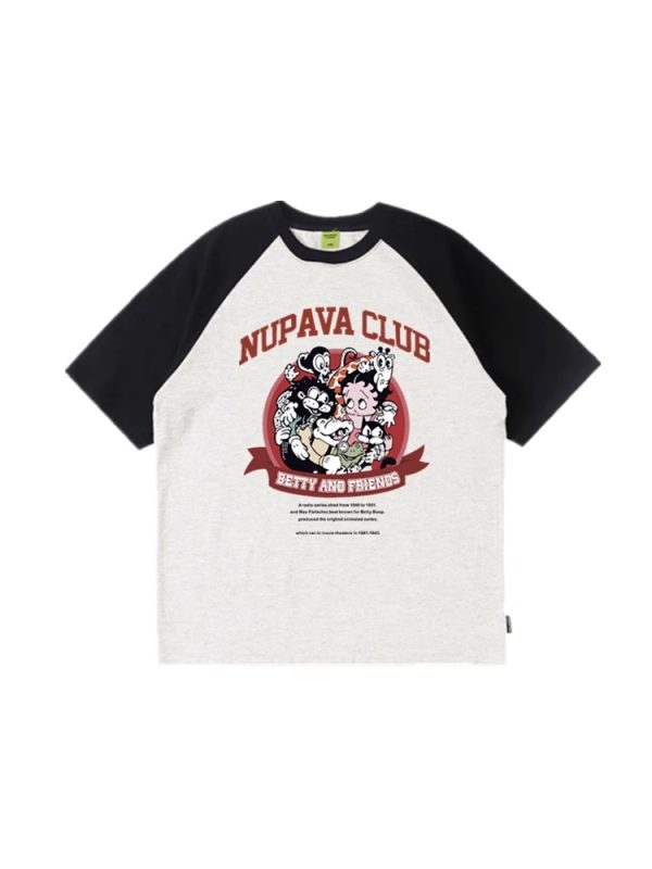 Chic Pure Cotton Hong Kong Style Cartoon Raglan Short Sleeve T-Shirt for Women Plus Size - American Retro Loose Fit Top