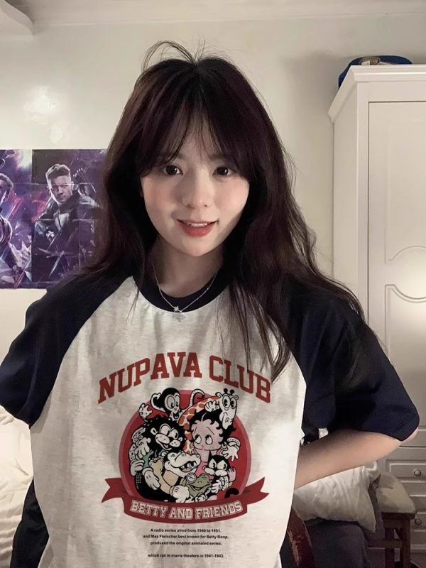 Chic Pure Cotton Hong Kong Style Cartoon Raglan Short Sleeve T-Shirt for Women Plus Size - American Retro Loose Fit Top