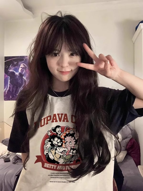 Chic Pure Cotton Hong Kong Style Cartoon Raglan Short Sleeve T-Shirt for Women Plus Size - American Retro Loose Fit Top