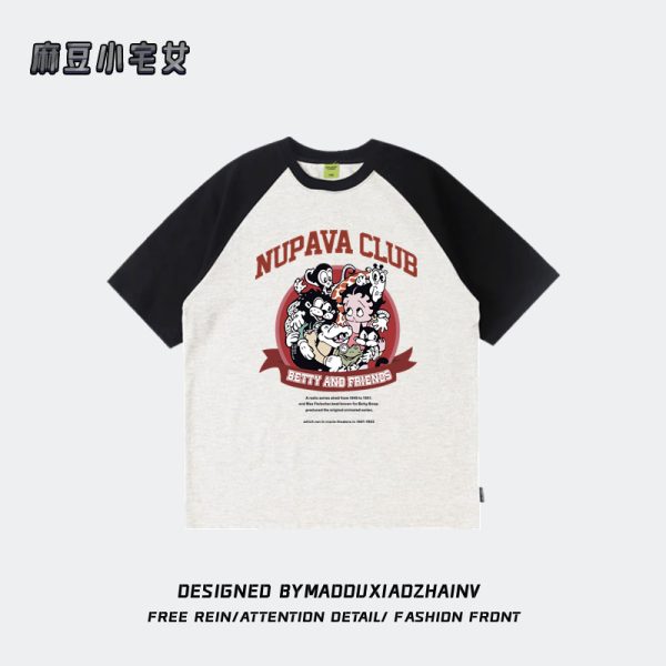 Chic Pure Cotton Hong Kong Style Cartoon Raglan Short Sleeve T-Shirt for Women Plus Size - American Retro Loose Fit Top