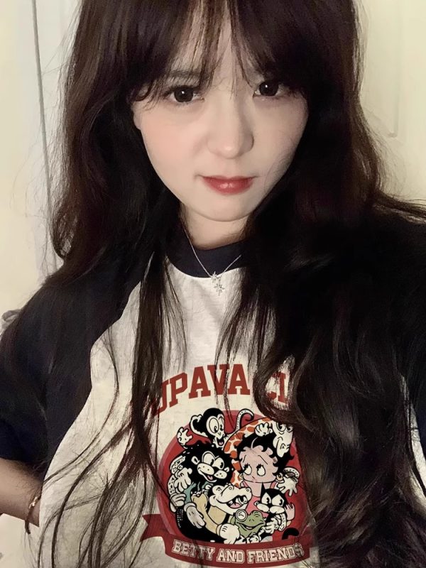 Chic Pure Cotton Hong Kong Style Cartoon Raglan Short Sleeve T-Shirt for Women Plus Size - American Retro Loose Fit Top