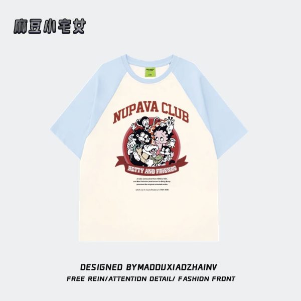 Chic Pure Cotton Hong Kong Style Cartoon Raglan Short Sleeve T-Shirt for Women Plus Size - American Retro Loose Fit Top