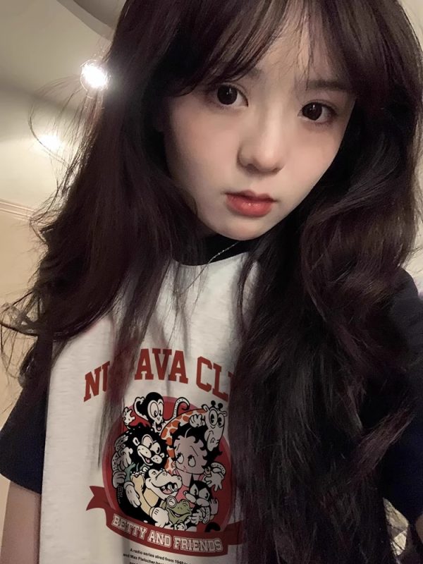 Chic Pure Cotton Hong Kong Style Cartoon Raglan Short Sleeve T-Shirt for Women Plus Size - American Retro Loose Fit Top