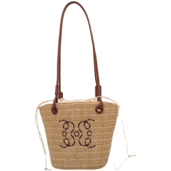 Chic Women's Summer 2025 Beach Straw Woven Shoulder Bucket Bag - Trendy Niche Fashion Accessory