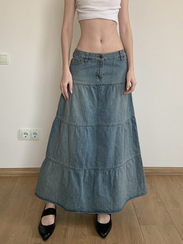Chilling Blue Vintage Washed Distressed Denim Long Skirt Women's A-Line Midi Skirt for 90s and Y2K Style