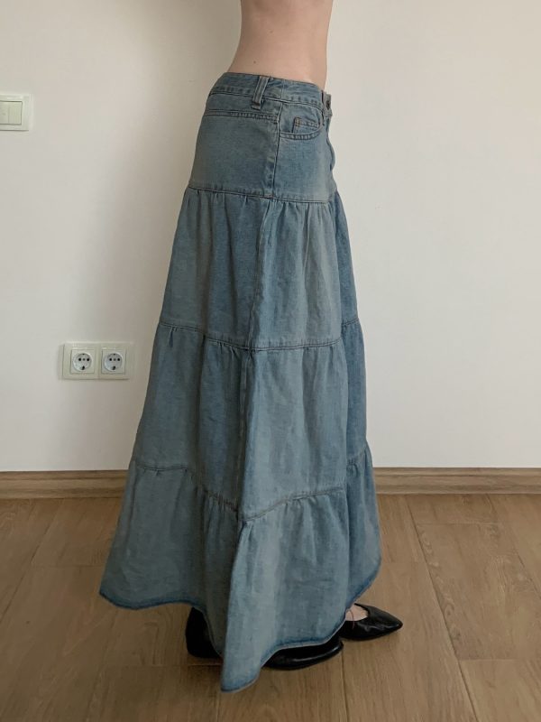 Chilling Blue Vintage Washed Distressed Denim Long Skirt Women's A-Line Midi Skirt for 90s and Y2K Style
