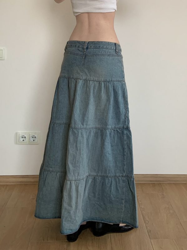 Chilling Blue Vintage Washed Distressed Denim Long Skirt Women's A-Line Midi Skirt for 90s and Y2K Style