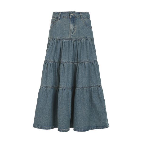 Chilling Blue Vintage Washed Distressed Denim Long Skirt Women's A-Line Midi Skirt for 90s and Y2K Style
