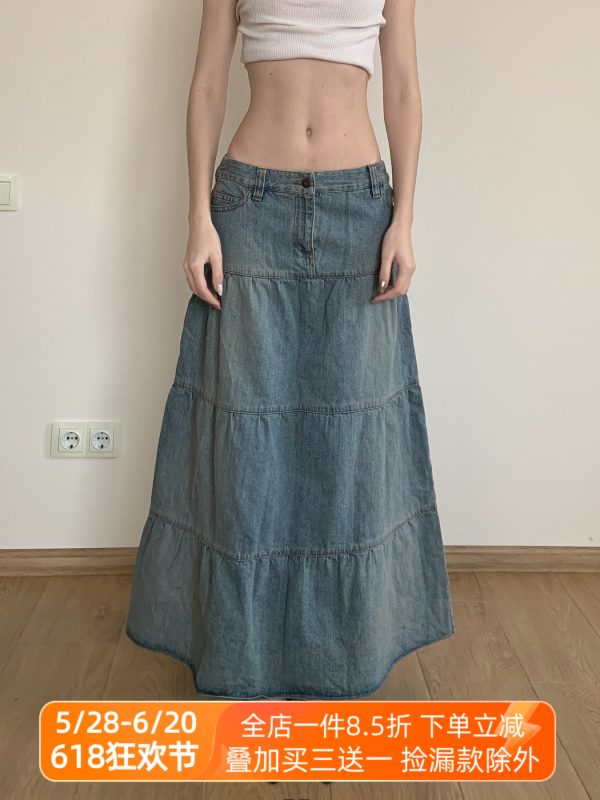 Chilling Blue Vintage Washed Distressed Denim Long Skirt Women's A-Line Midi Skirt for 90s and Y2K Style