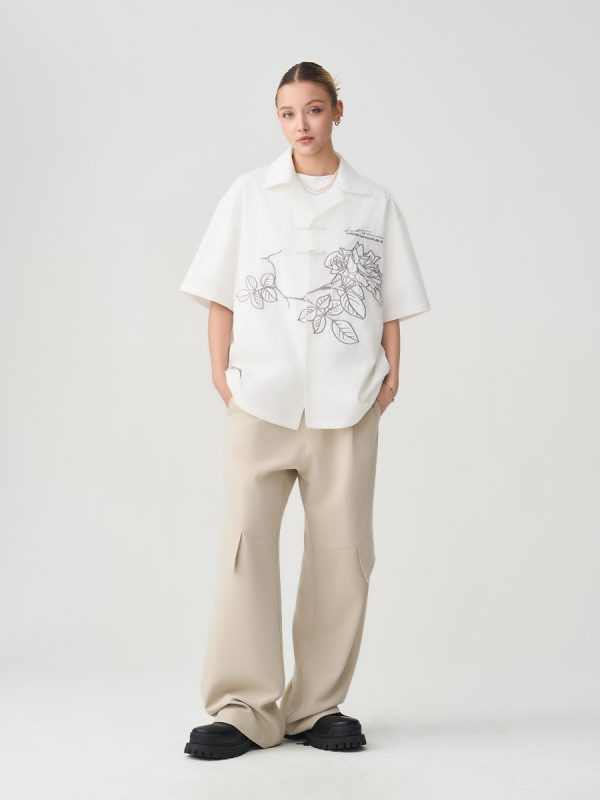 Chinese Style Buttoned Short-Sleeve Shirt with Patch Embroidery - Trendy Y2K Fashion for a Chic Look