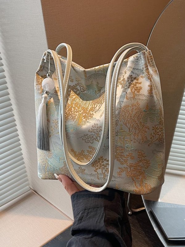 Chinese-Style Embroidered Single-Shoulder Bucket Bag for Women - 2025 Summer National Style Fashion, Large Capacity Commuting Tote