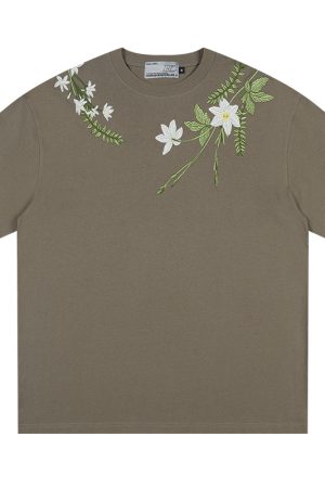 Chinese-Style Floral Circular Embroidery Short-Sleeve T-Shirt - Breathable Silhouette, Perfect for Y2K and Korean Style Fashion