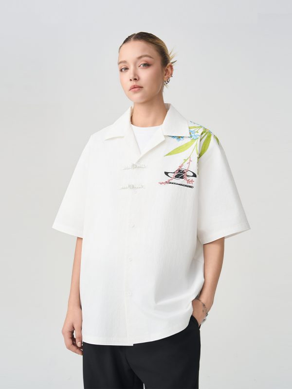 Chinese-Style Floral Embroidery Short-Sleeve Shirt - Minimalist Shoulder-Length Streetwear Top
