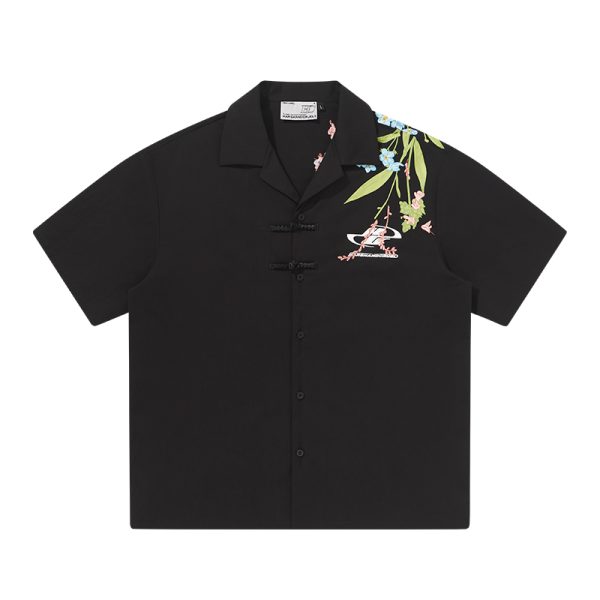 Chinese-Style Floral Embroidery Short-Sleeve Shirt - Minimalist Shoulder-Length Streetwear Top