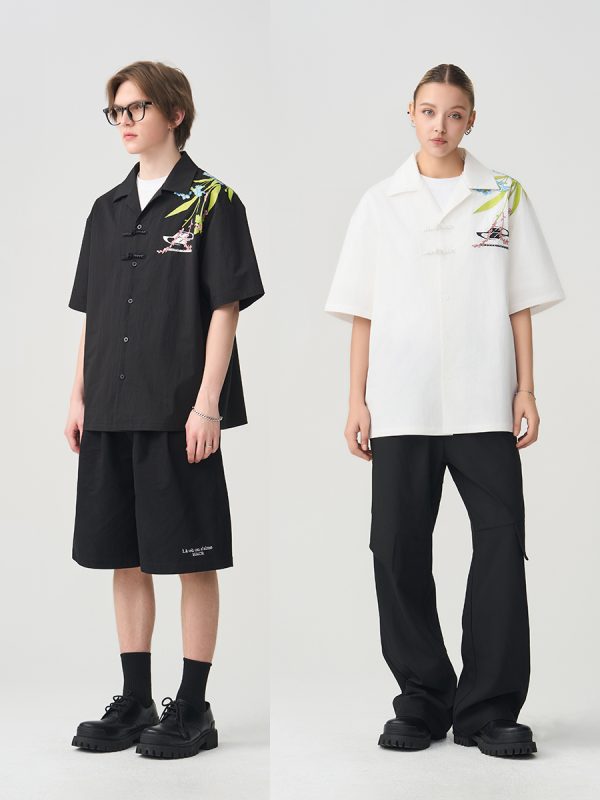 Chinese-Style Floral Embroidery Short-Sleeve Shirt - Minimalist Shoulder-Length Streetwear Top