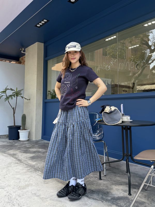 Coffee Checkered Elastic Waist Cake Half Skirt for Women - Slimming Long Summer Style