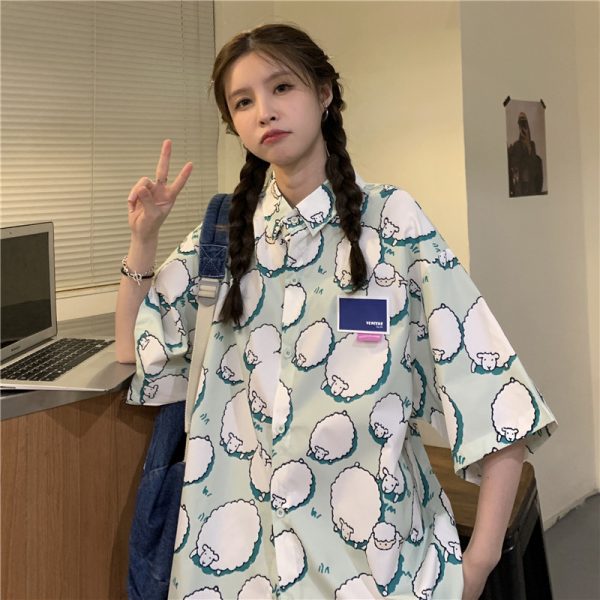 College Style Cartoon Girl Short Sleeve Blouse - Summer Loose Fit Printed Top for Students - Trendy Hong Kong Style