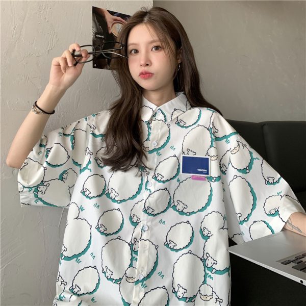 College Style Cartoon Girl Short Sleeve Blouse - Summer Loose Fit Printed Top for Students - Trendy Hong Kong Style