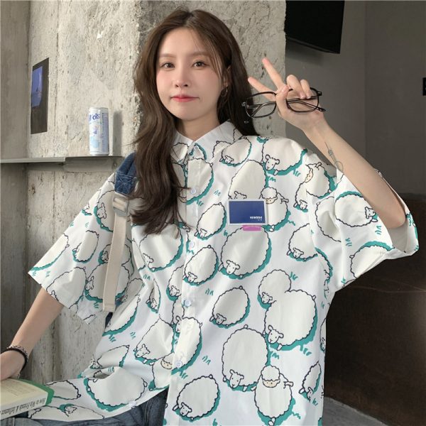 College Style Cartoon Girl Short Sleeve Blouse - Summer Loose Fit Printed Top for Students - Trendy Hong Kong Style