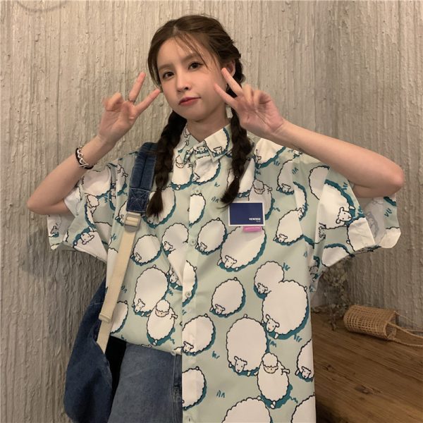 College Style Cartoon Girl Short Sleeve Blouse - Summer Loose Fit Printed Top for Students - Trendy Hong Kong Style