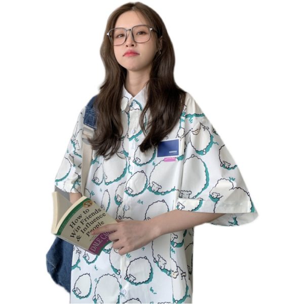 College Style Cartoon Girl Short Sleeve Blouse - Summer Loose Fit Printed Top for Students - Trendy Hong Kong Style