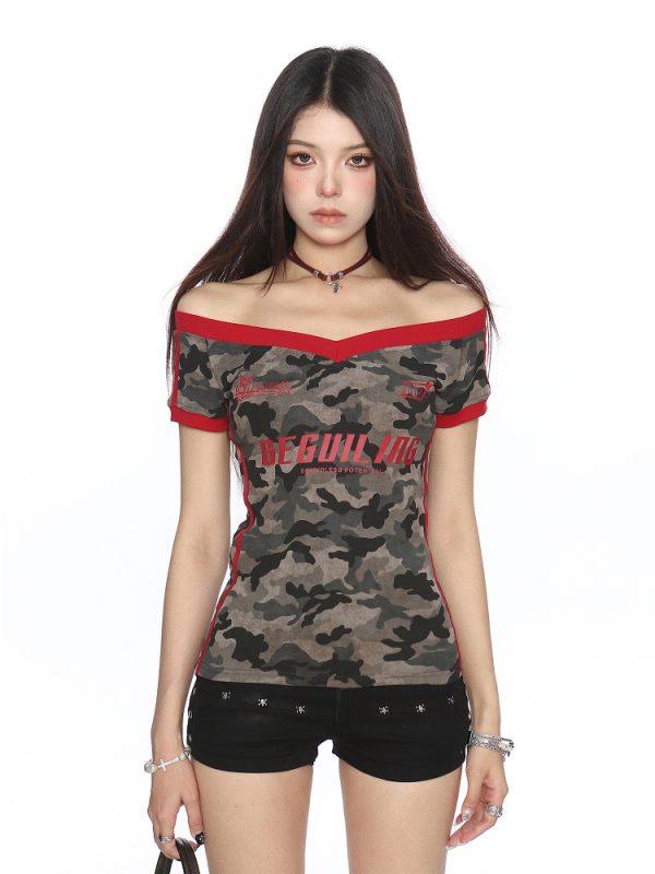 Color-Block Camouflage One-Shoulder T-Shirt for Women â€“ Slim Fit Summer Top â€“ Trendy American Style Spicy Girl Fashion