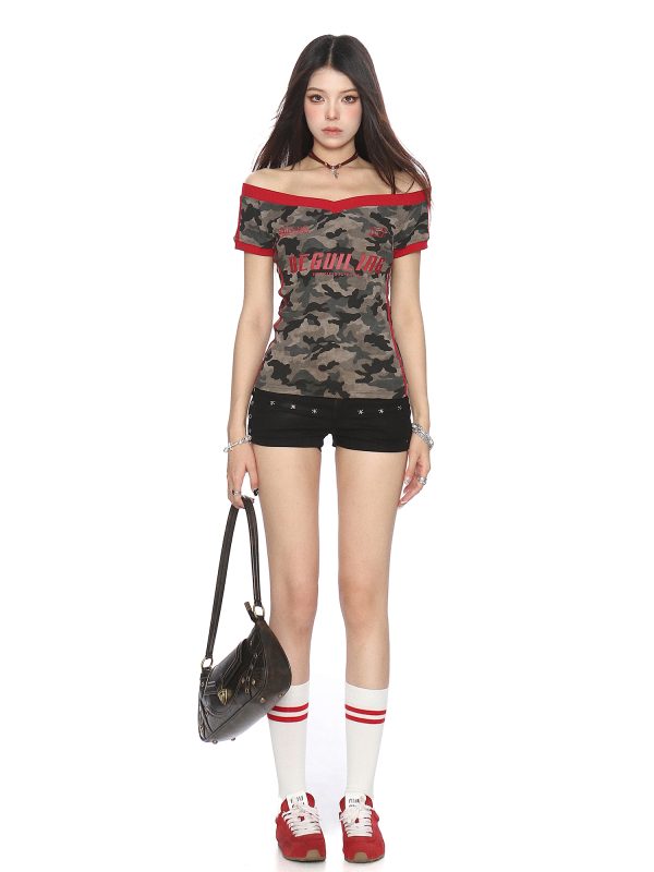 Color-Block Camouflage One-Shoulder T-Shirt for Women â€“ Slim Fit Summer Top â€“ Trendy American Style Spicy Girl Fashion