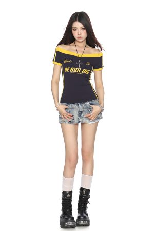 Color-Block Camouflage One-Shoulder T-Shirt for Women â€“ Slim Fit Summer Top â€“ Trendy American Style Spicy Girl Fashion