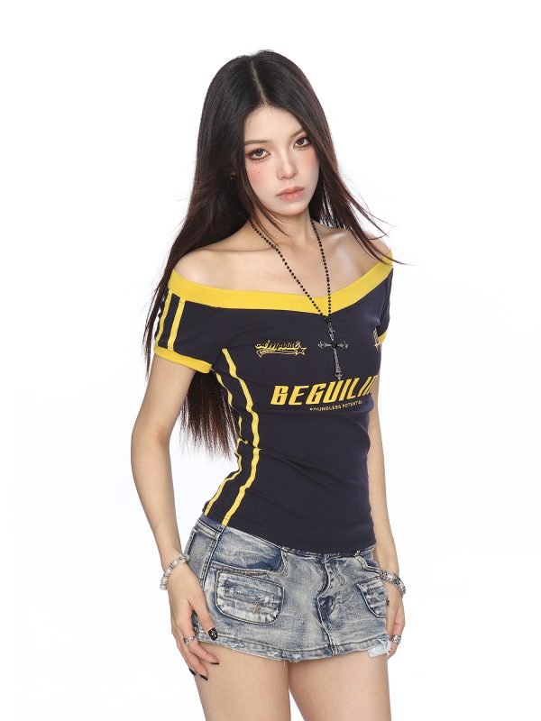 Color-Block Camouflage One-Shoulder T-Shirt for Women â€“ Slim Fit Summer Top â€“ Trendy American Style Spicy Girl Fashion